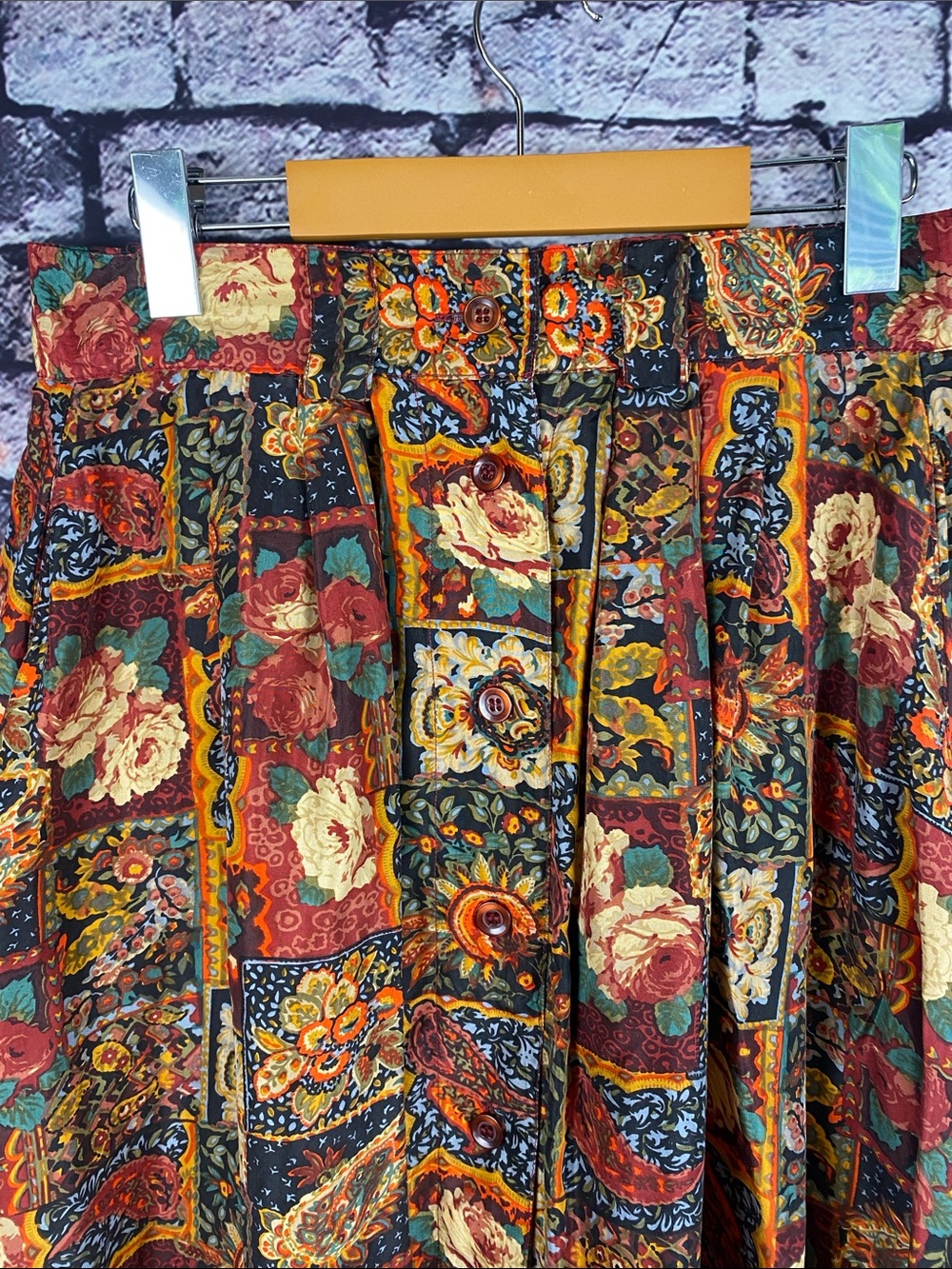Vintage 100% Silk Patchwork Floral Multi Colour Boho Midi Skirt Sz M - Picture 4 of 11